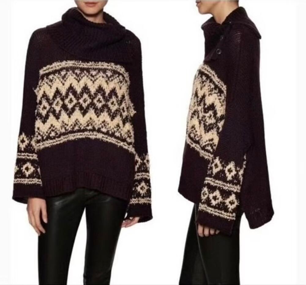 Free People Brown Fair Isle Split Turtleneck Wool Knit Winter Sweater M